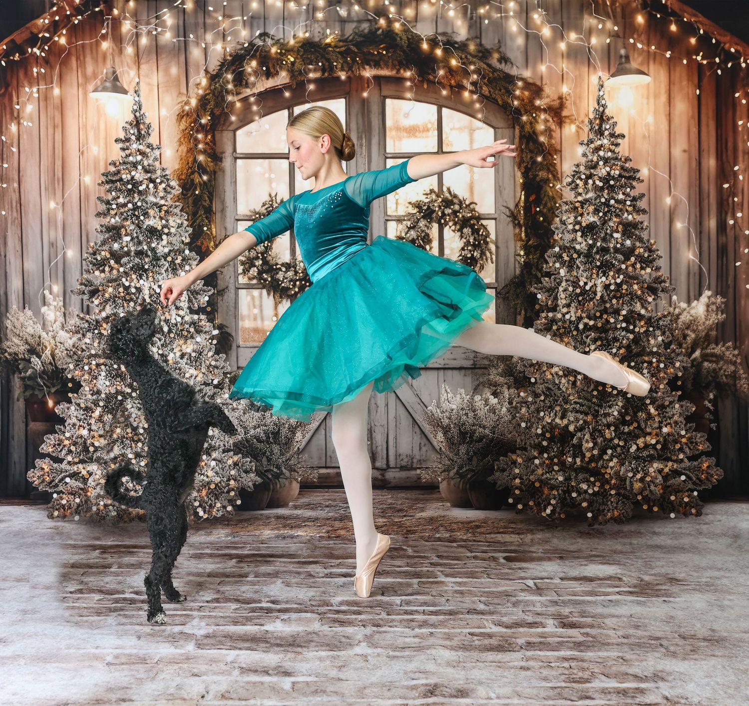 Ballerina in teal tutu dancing en pointe beside a black poodle amid festive Christmas trees and holiday decor.