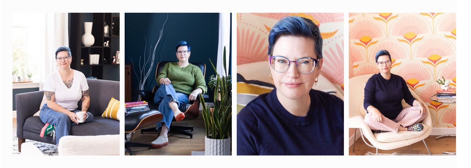 Collage of four casual portraits showing different angles of person in relaxed settings.