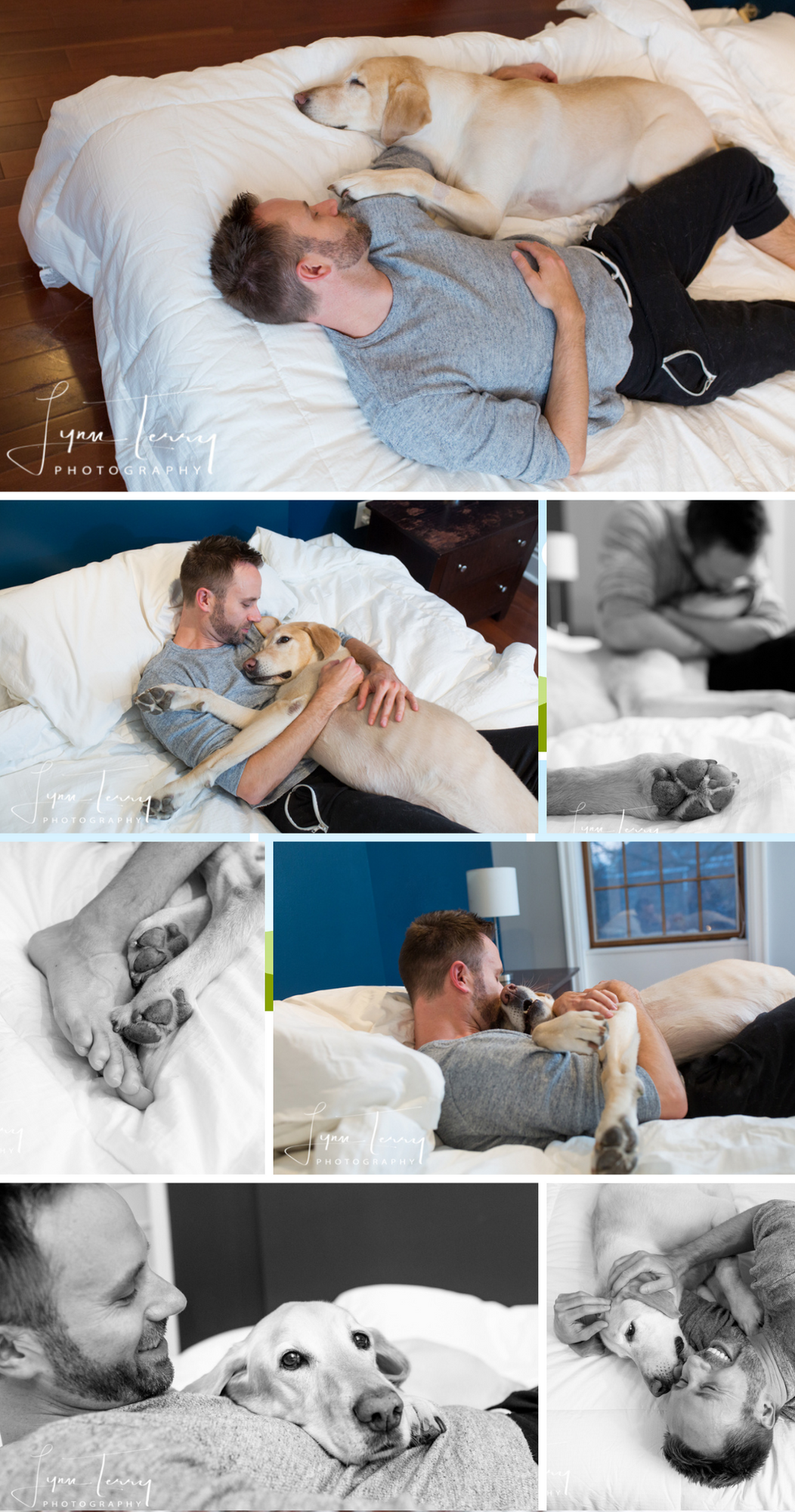 Intimate lifestyle photos of yellow labrador and owner relaxing together on bed.