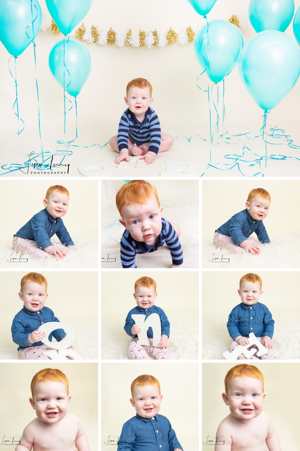 First birthday photo session with blue balloons and number one decorations.