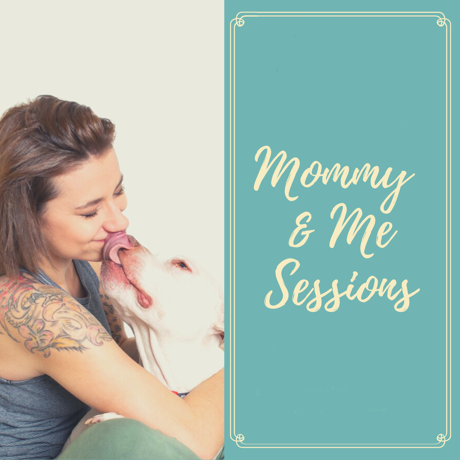 A parent and baby share a tender moment on a teal background with elegant script text overlay.