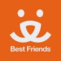 Best Friends Animal Society orange logo showing a smiling face design made from abstract shapes.