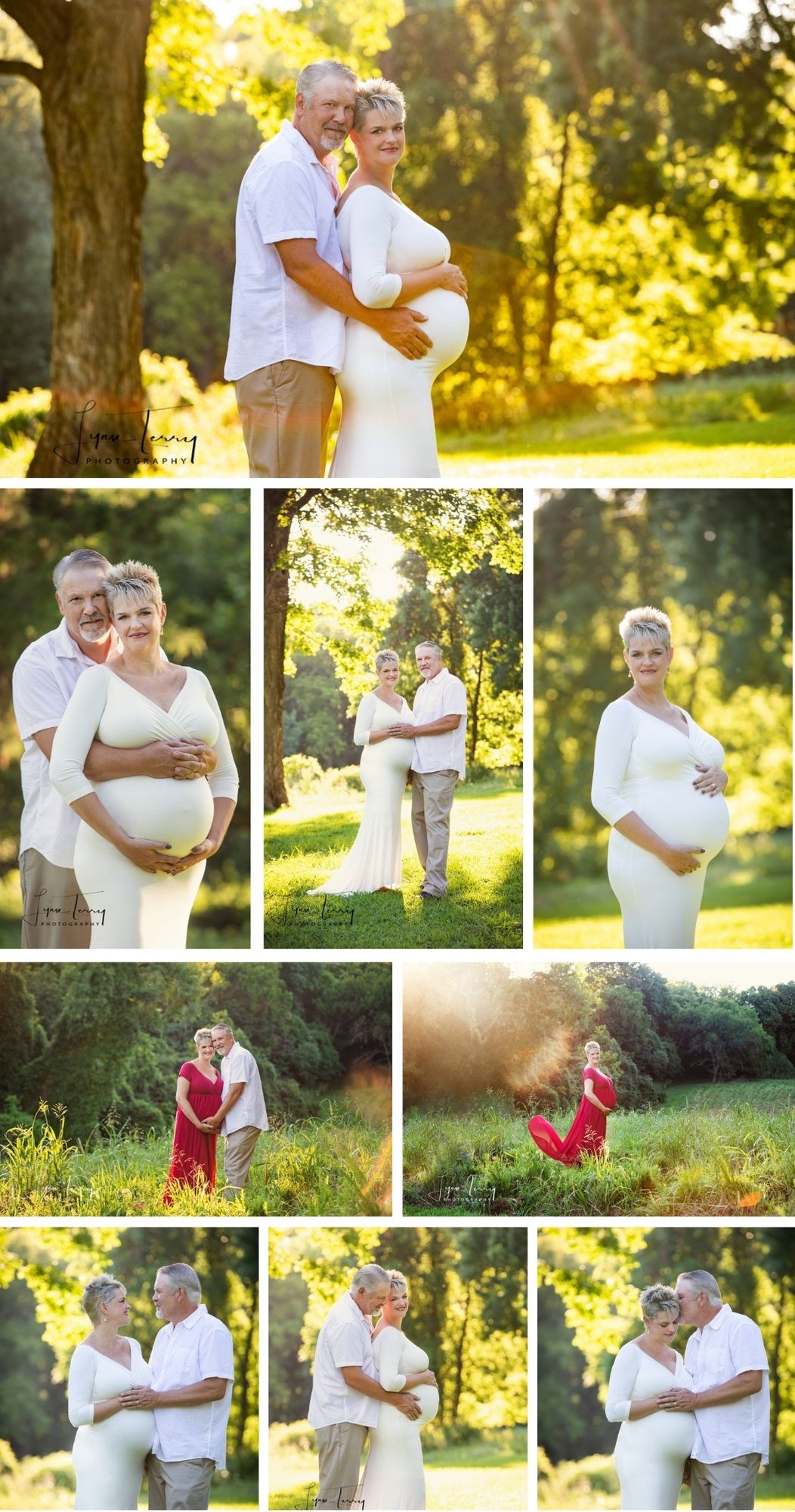 Romantic maternity photoshoot in a sunlit park with couple wearing white and red outfits.