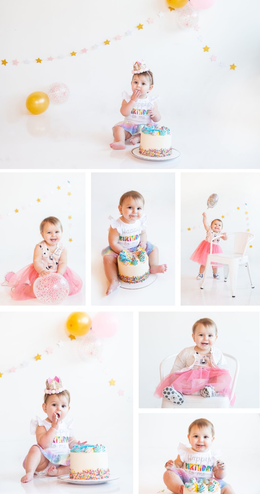 Baby's first birthday cake smash photo session with pink and gold party decorations.