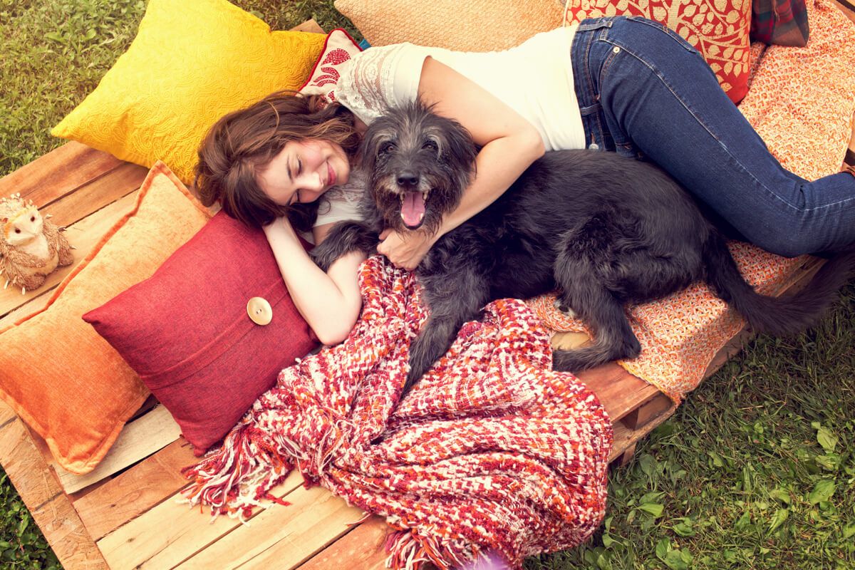 A joyful moment captured of a dog and owner laughing together on colorful outdoor cushions.