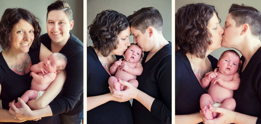 Three-photo series showing parents kissing baby's cheeks in black and white portrait.