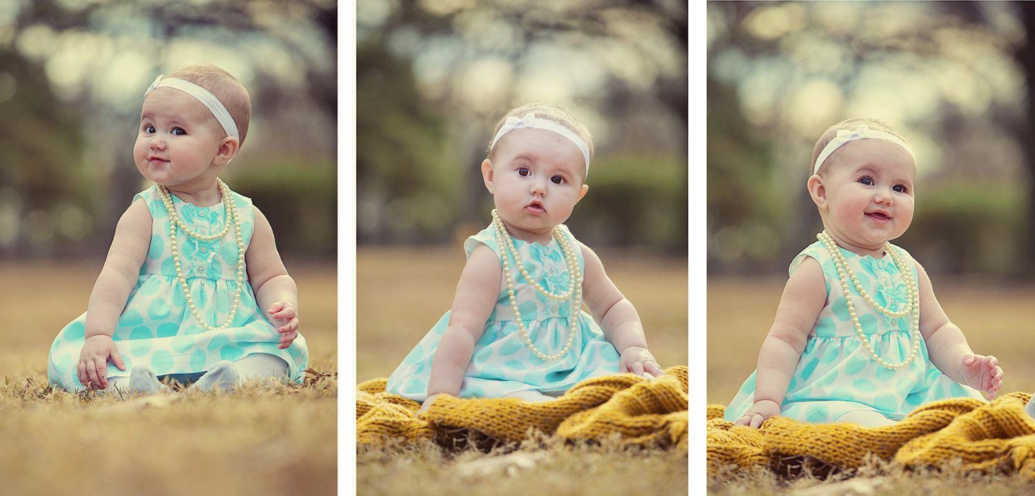 Baby in mint green dress sitting on yellow blanket shown in three poses during outdoor photo session.