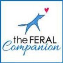 Logo design for The Feral Companion featuring a blue stylized dog silhouette with heart.