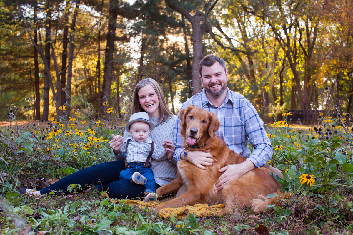 Fall family photoshoot in a field of yellow wildflowers with their dog.