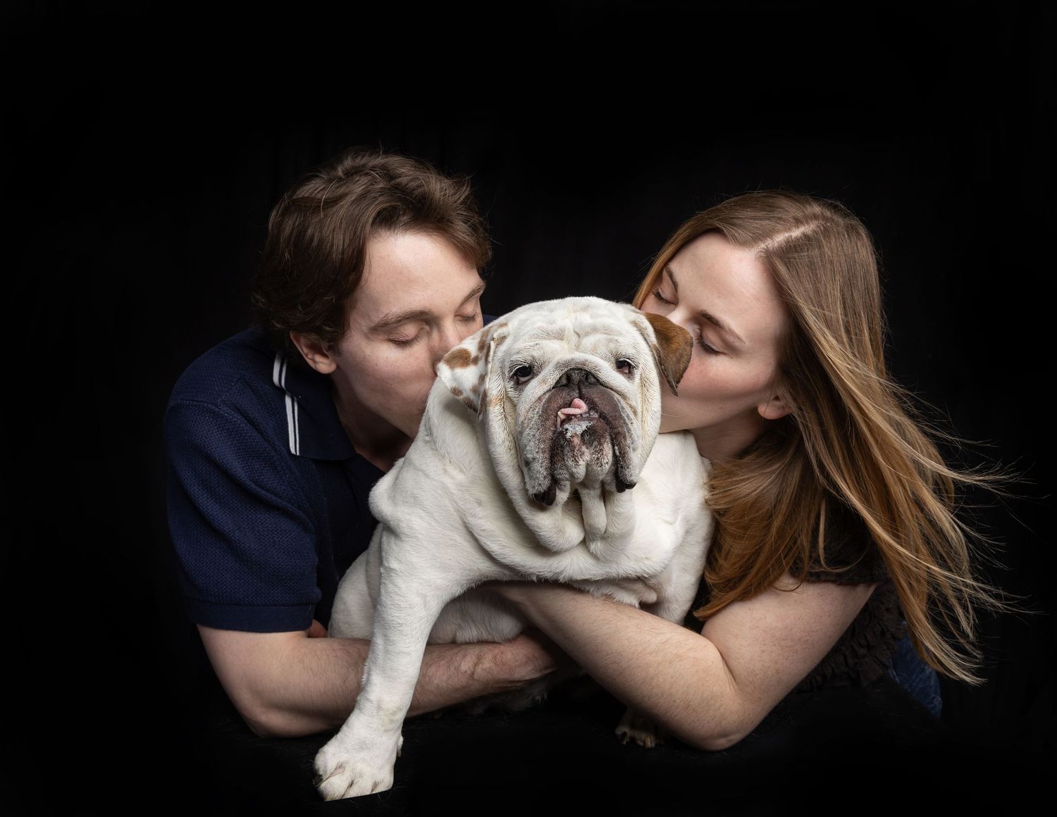 A couple in blue shirts kisses a white English Bulldog against a dark studio background.