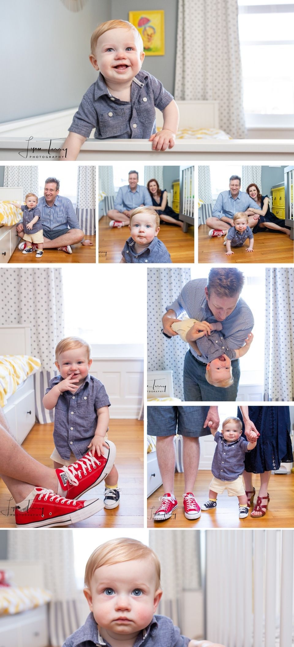 Lifestyle baby photography session in nursery featuring grey shirt and red shoes.