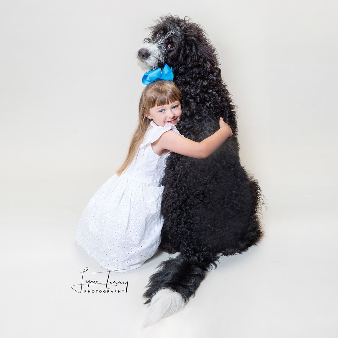 A large black poodle and small girl in white dress hugging in a studio setting.