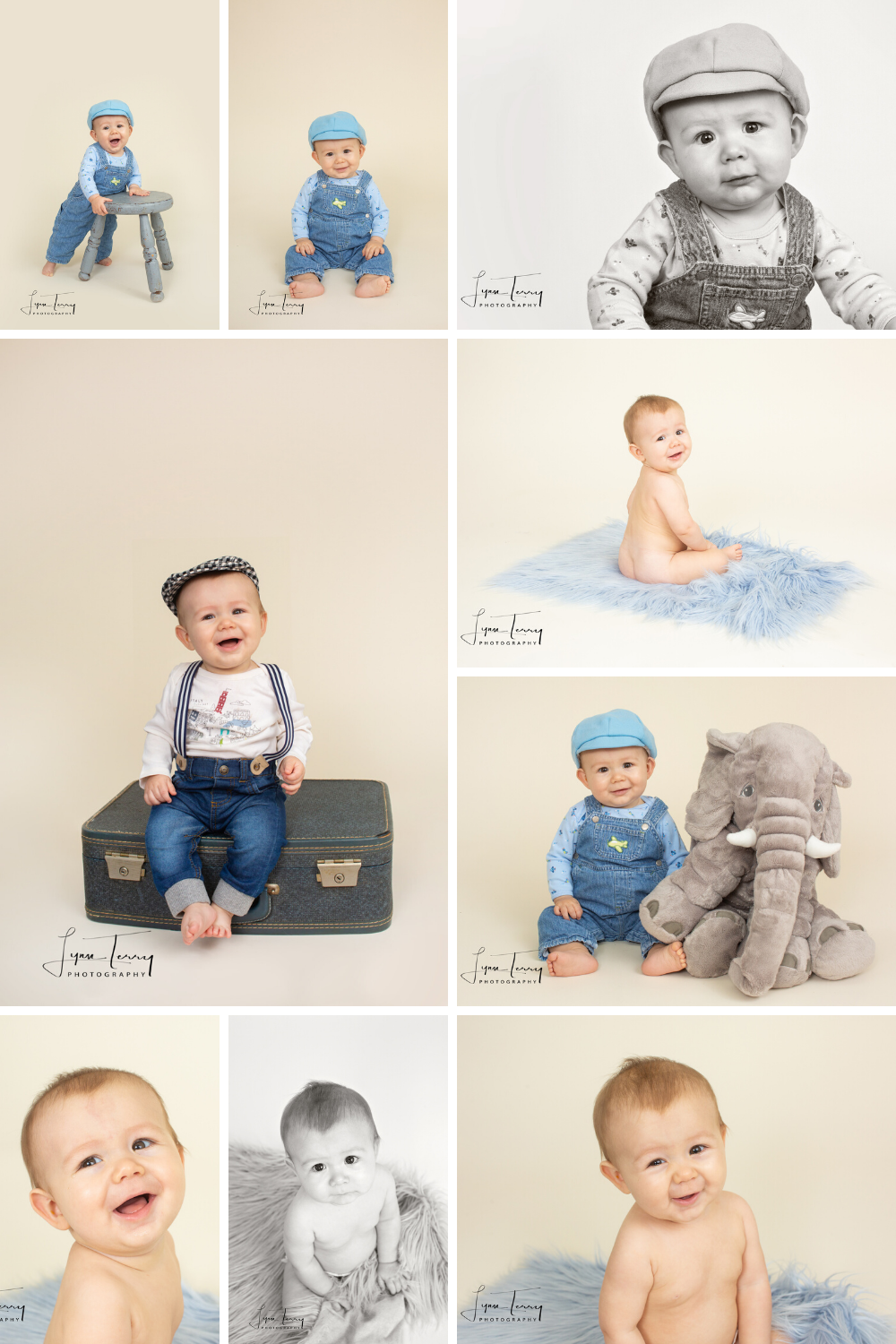 Professional studio portraits of a baby wearing blue outfits and accessories on a cream background.