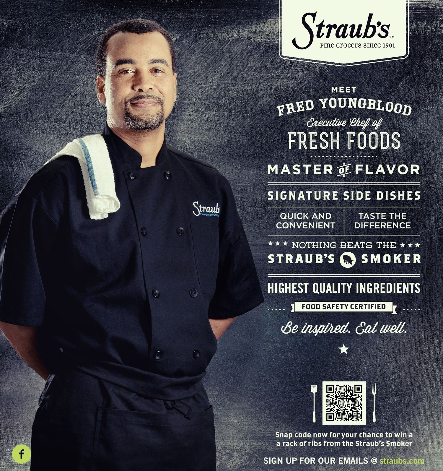 Chef in black uniform poses for Straub's restaurant promotional image.