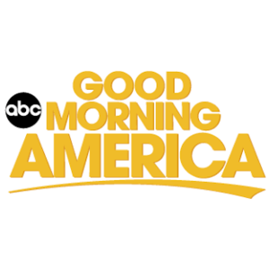 Yellow and white Good Morning America ABC television show logo on white background.
