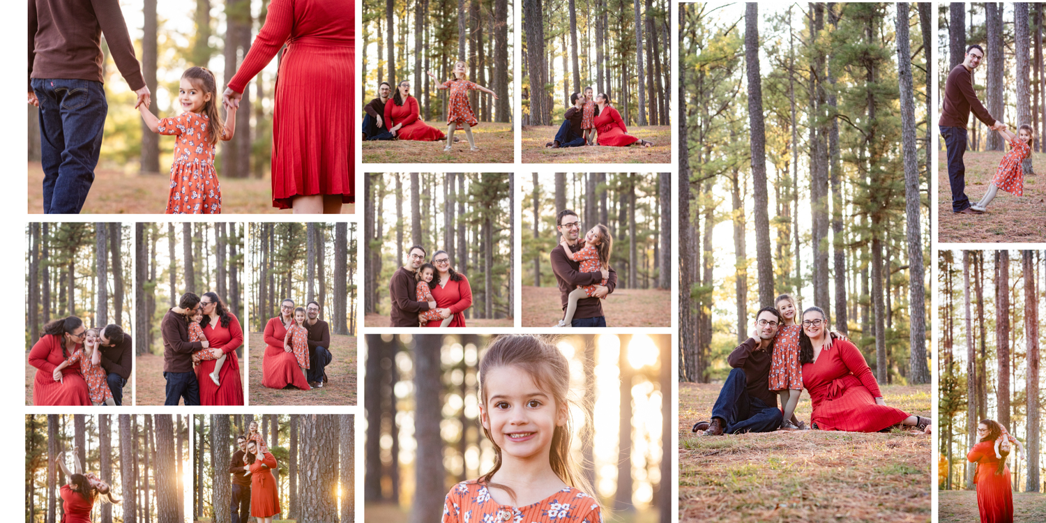 Family maternity photo session in pine forest, parents in red outfits with young daughter, warm golden light photography.