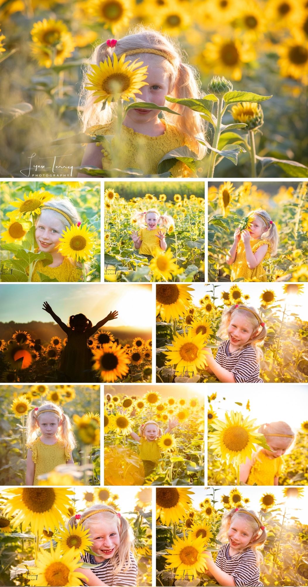 A collection of joyful summer portraits captured in a golden sunflower field during sunset.
