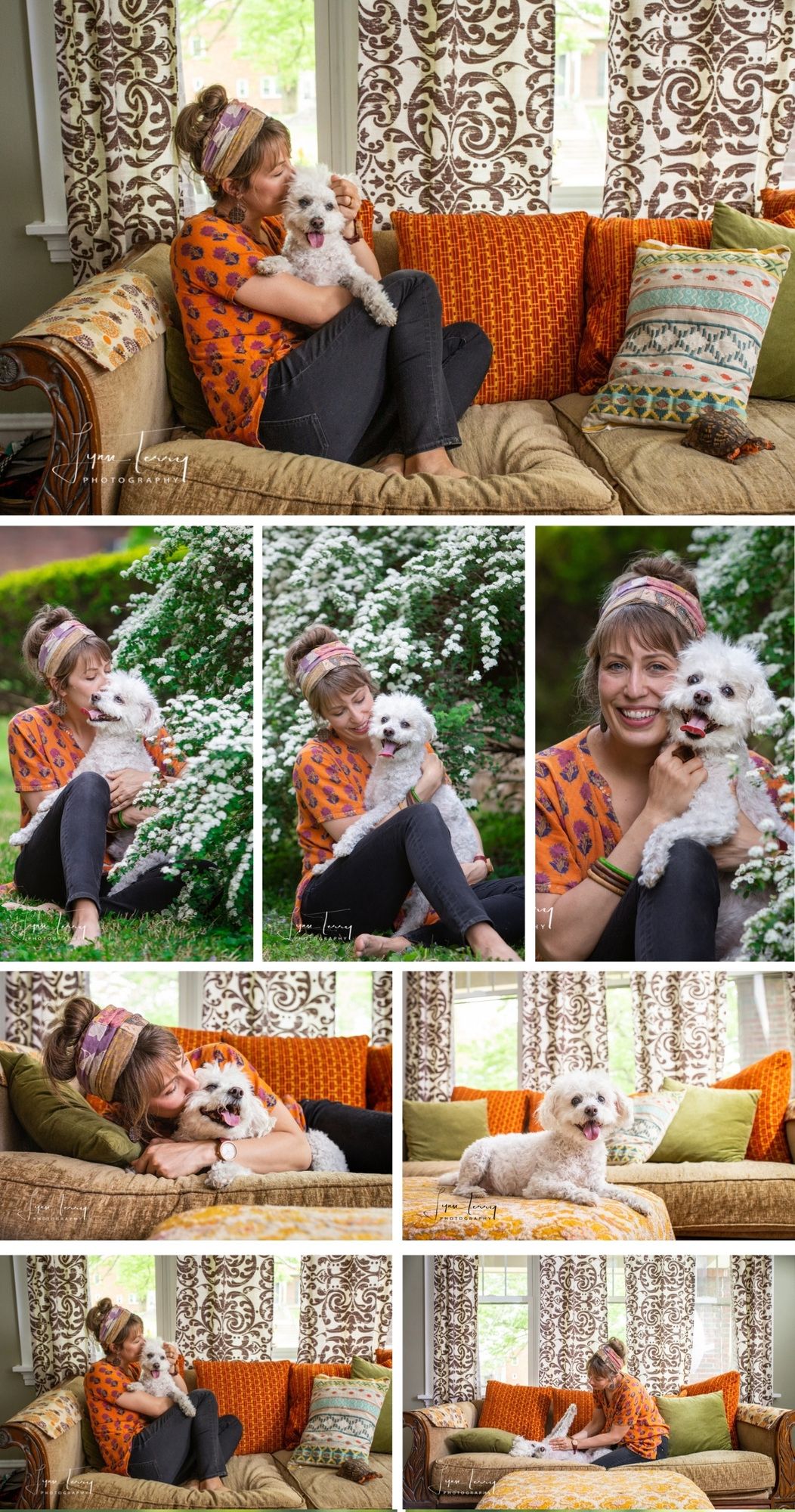 A series of indoor and outdoor portraits featuring someone holding a small white fluffy dog on a brown couch with orange accents.