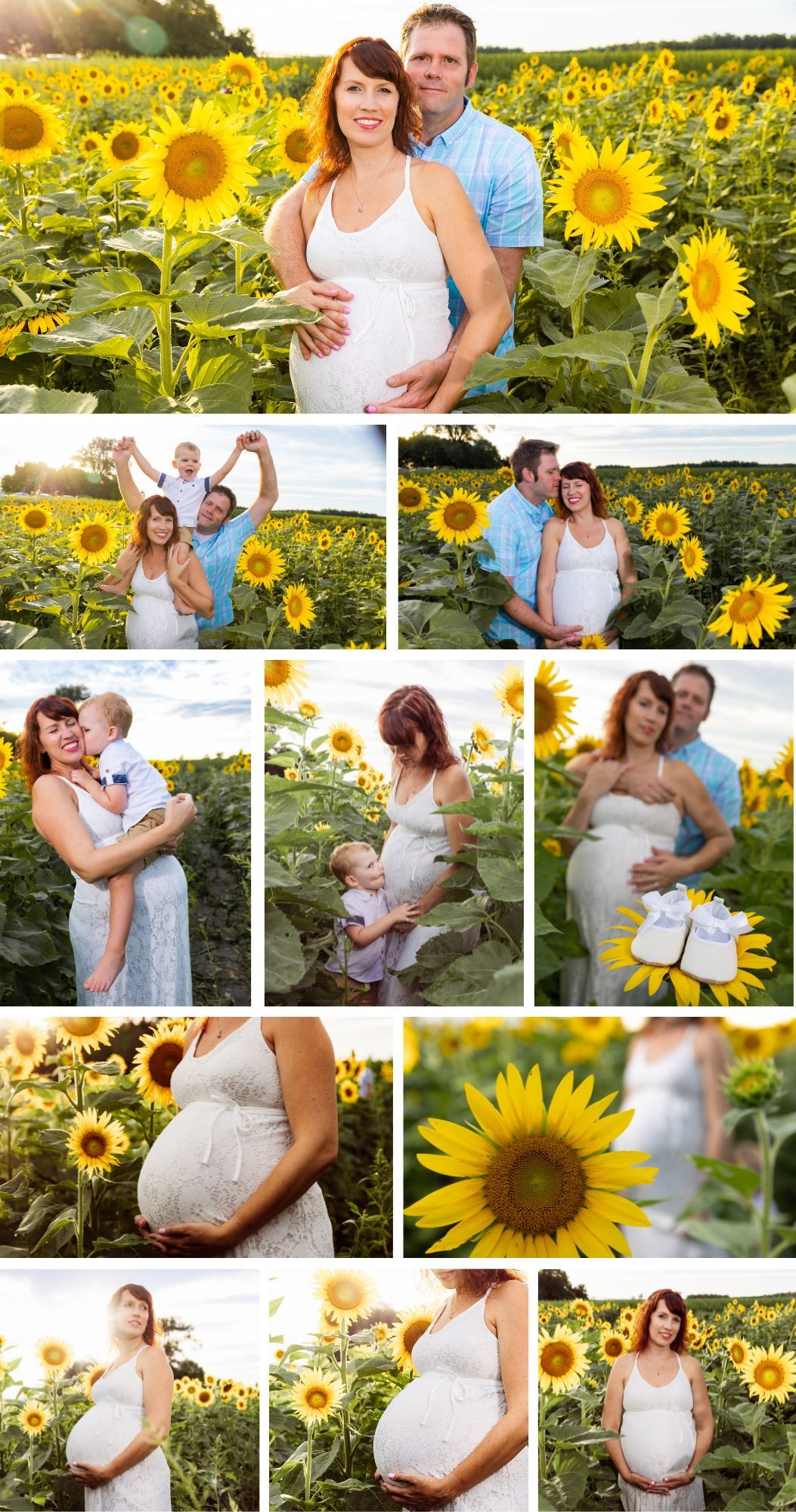 A series of maternity photos in a vibrant sunflower field showcasing an expectant mother in a white dress.