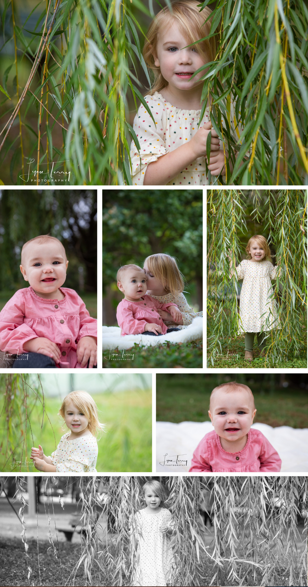 Natural light portraits of young children among willow tree branches in garden setting.