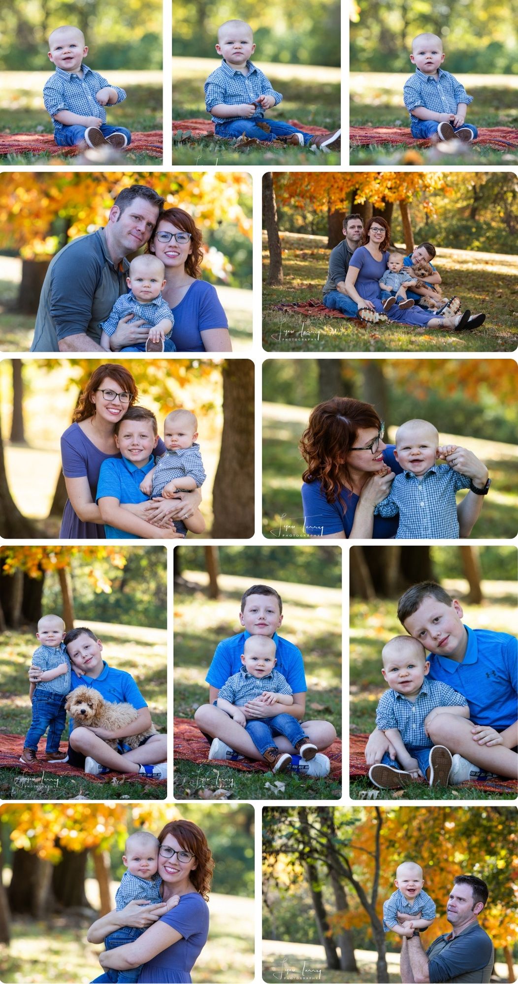 Outdoor autumn photography session in a park with golden fall foliage.