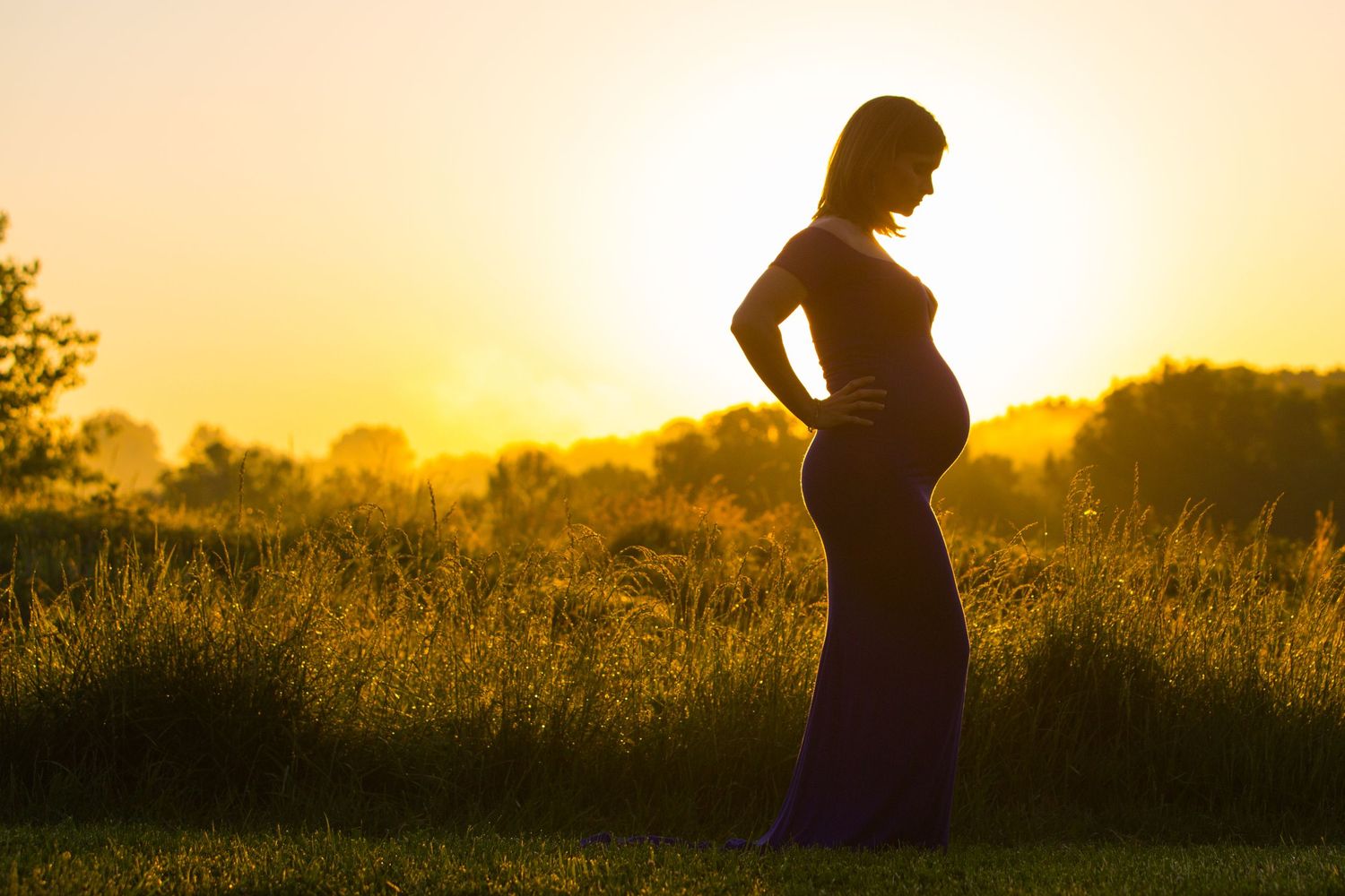 A silhouette of a pregnant woman stands in a field during golden sunset hour with her hand on her belly.