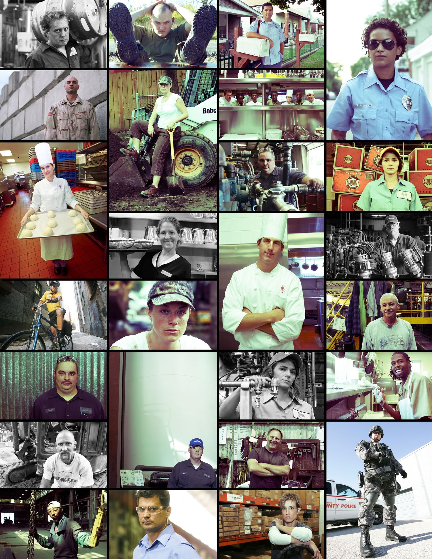 Collection of vintage photographs showing various service industry workers in uniform.