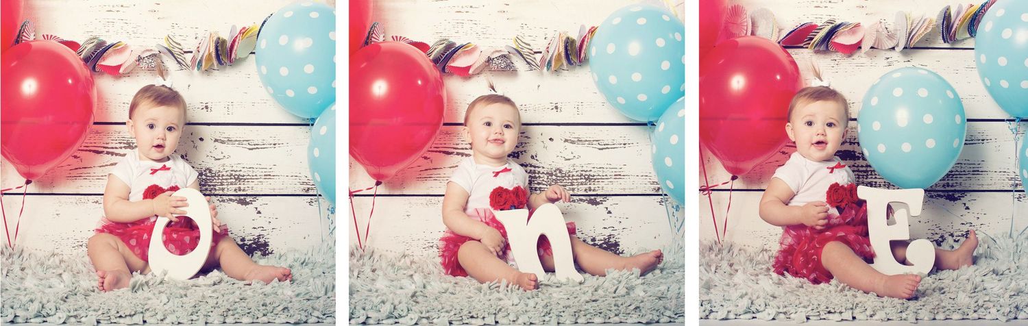 Series of celebratory photos with red and blue balloons against rustic background.