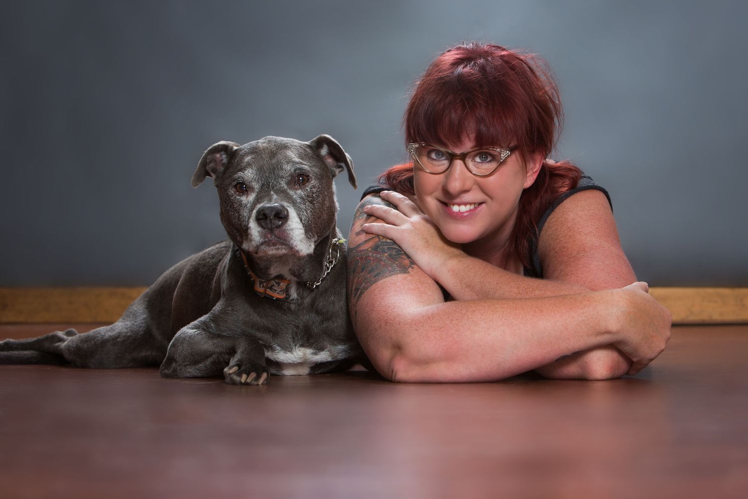 Grey pit bull and person lying together on wooden floor in a portrait style photo shoot.