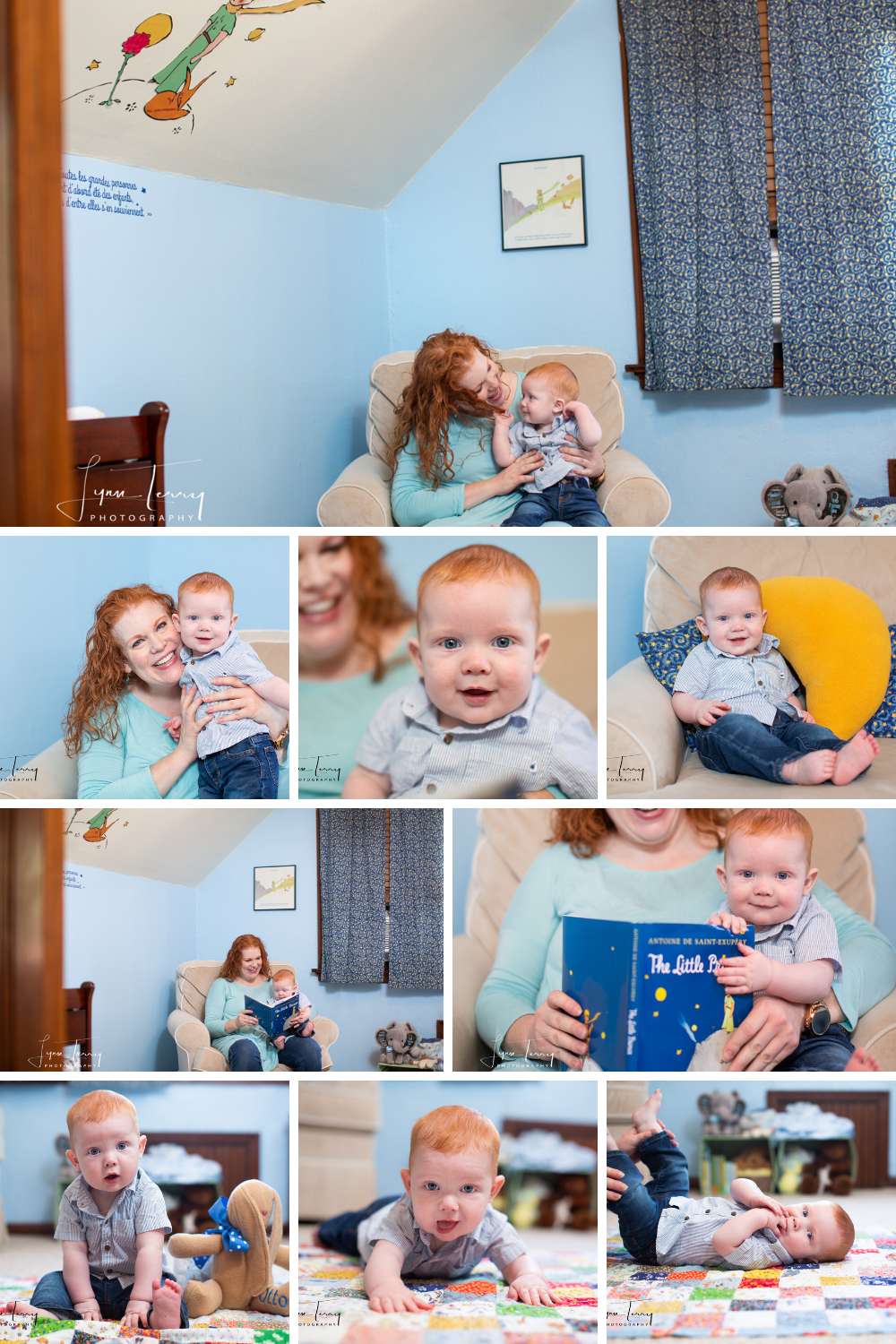 Lifestyle photo collection showing playtime and reading moments in a blue-walled nursery.