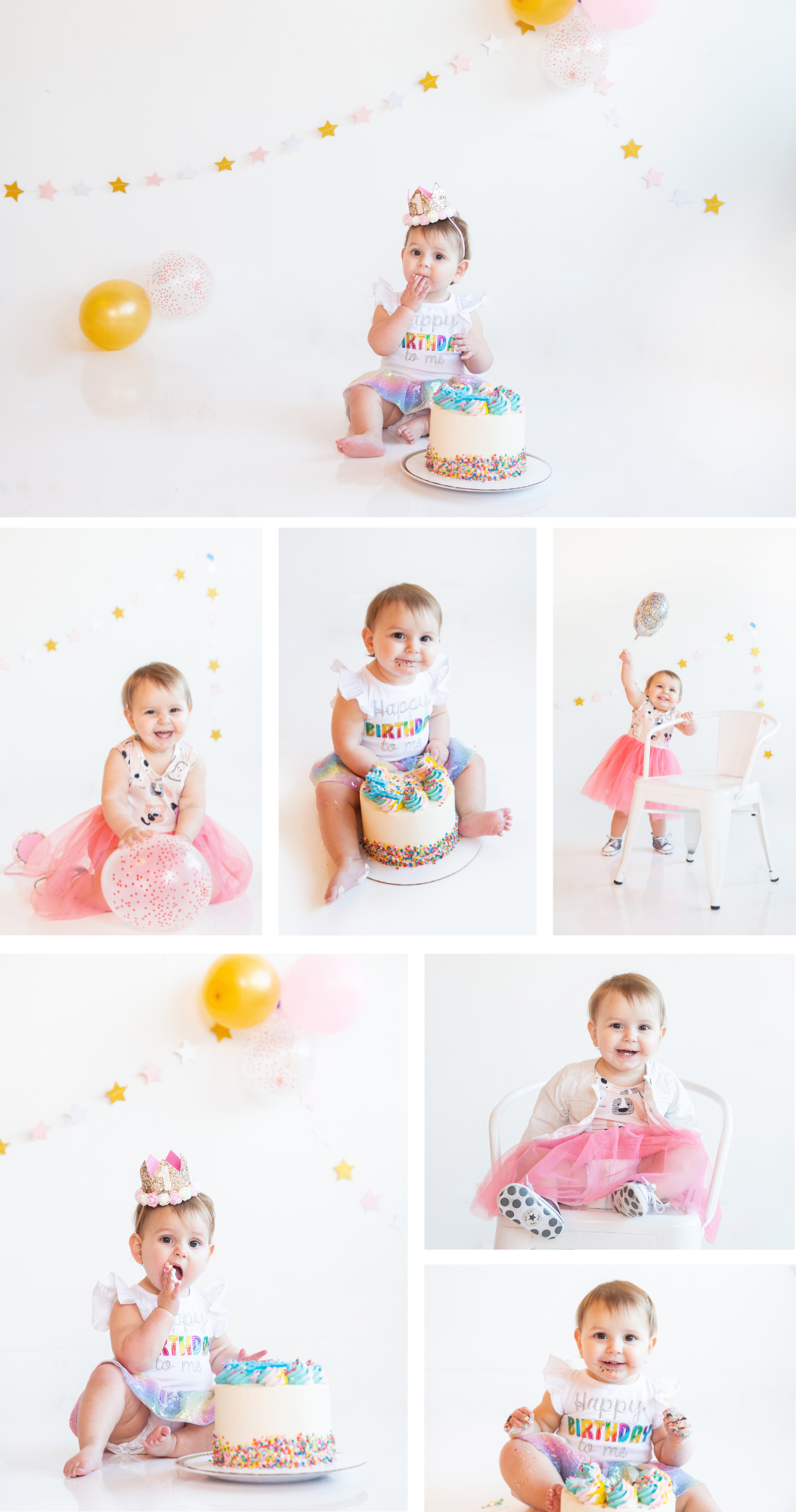 Baby girl first birthday cake smash photo collage with pink tutu, gold star decorations, colorful cake, and balloons on white backdrop.