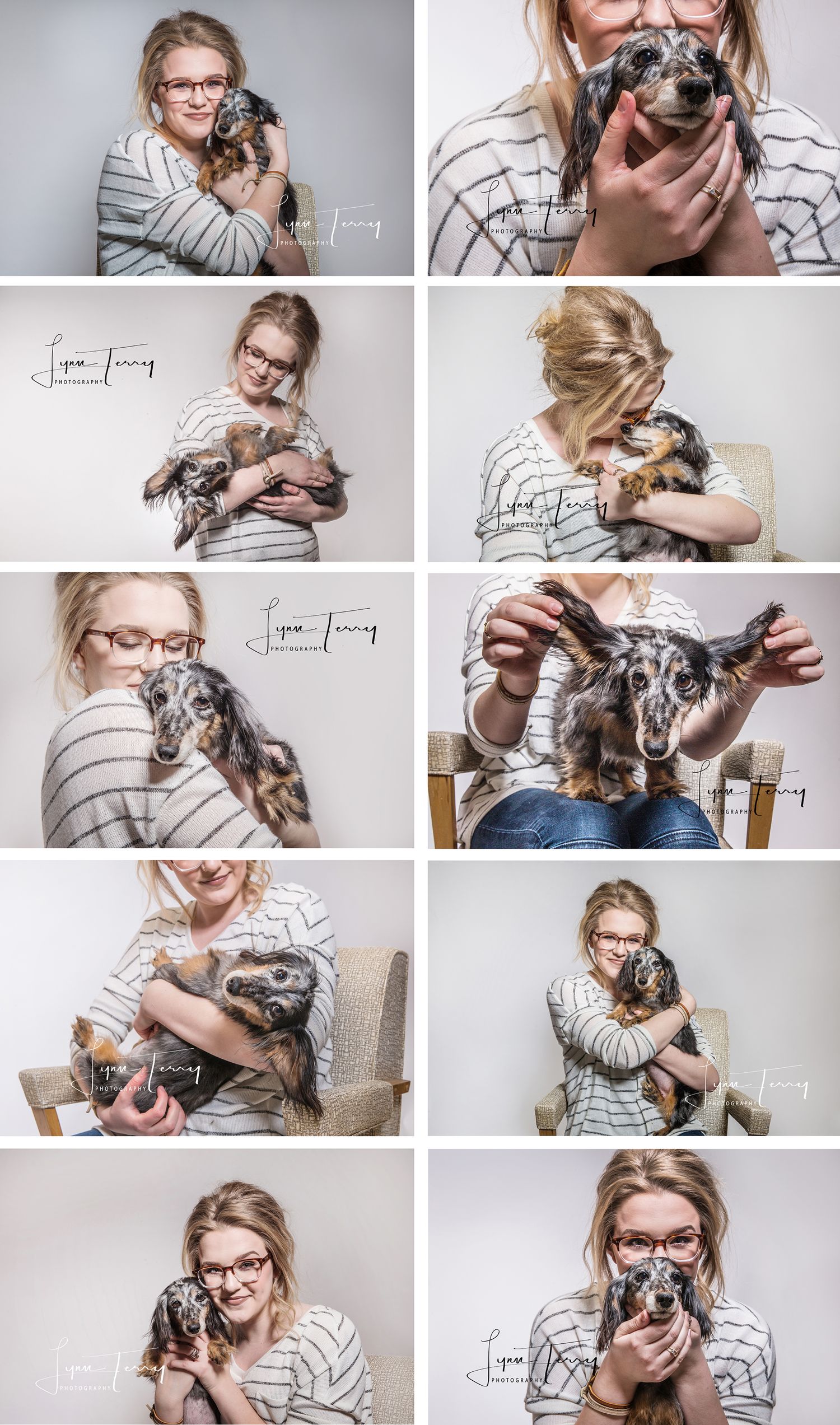 A series of studio portraits showing someone cuddling and playing with a small gray dog against a neutral background.