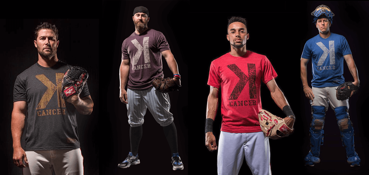 Four athletic figures pose in different baseball uniforms against dark background.