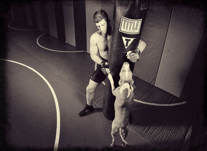 A vintage gym photo shows a boxer training with his jumping dog.