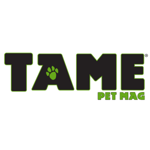 TAME Pet Mag logo in black letters with green paw print accent.