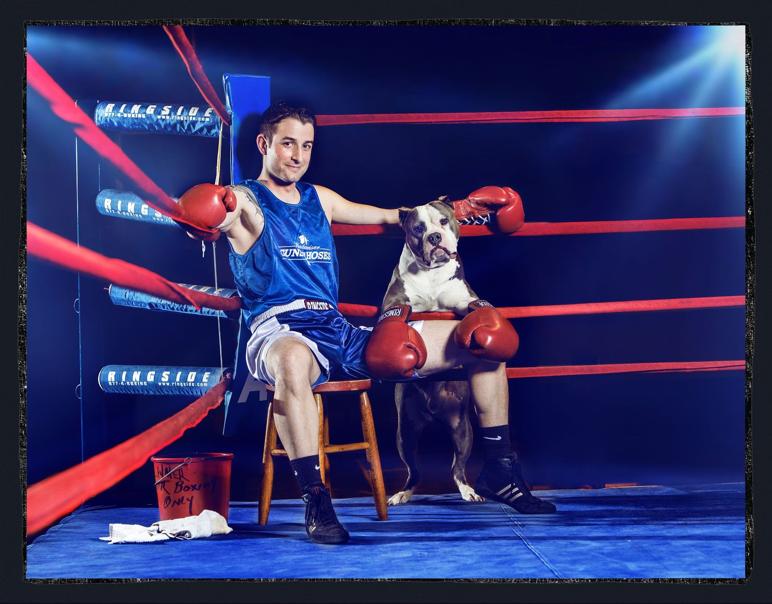 Dog and person sitting in boxing ring corner under dramatic lighting.