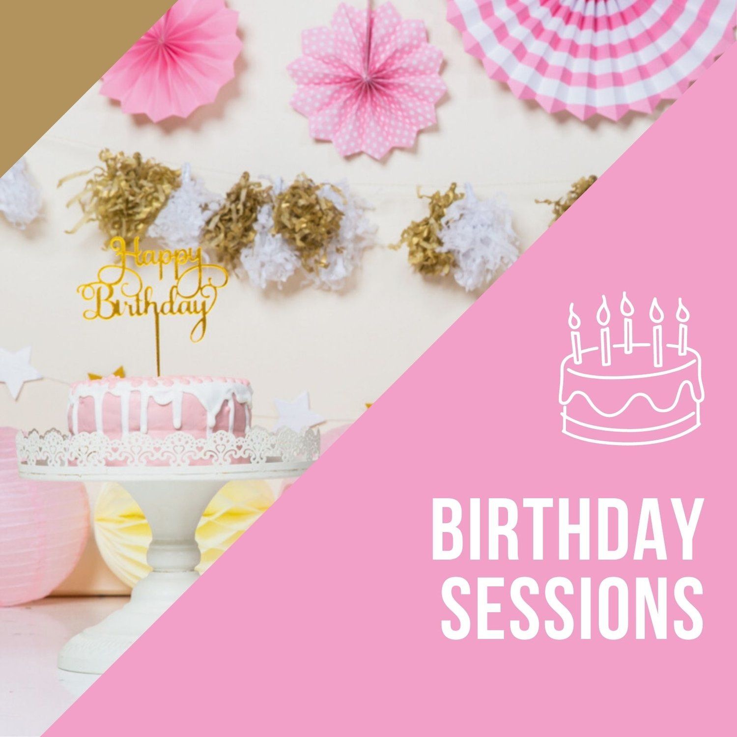 Pink and white party decorations with paper fans, garlands, and birthday cake icons against light backgrounds.