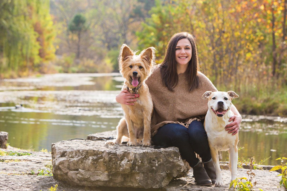 Dogs sitting with person on rock by autumn lake.