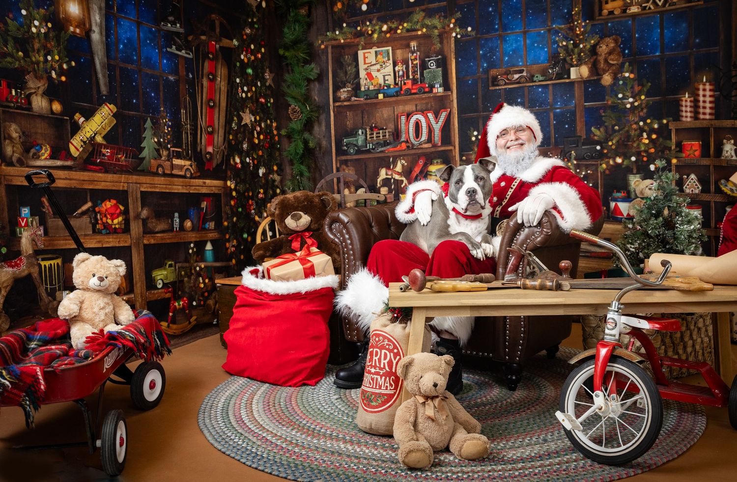 A cozy Christmas scene with Santa in his workshop surrounded by vintage toys, decorations, and a magical holiday atmosphere.