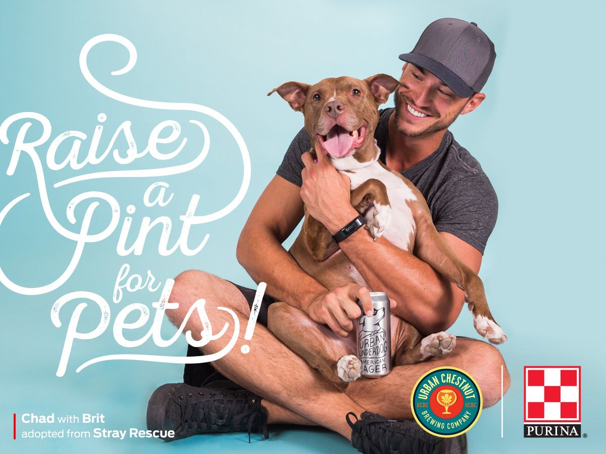 Man in baseball cap hugging pitbull in Raise a Pint for Pets campaign.