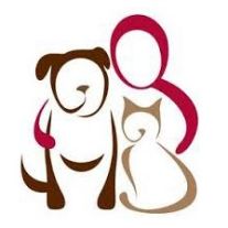 Row of animal shelter and pet rescue organization logos with paw prints in brown and burgundy colors.
