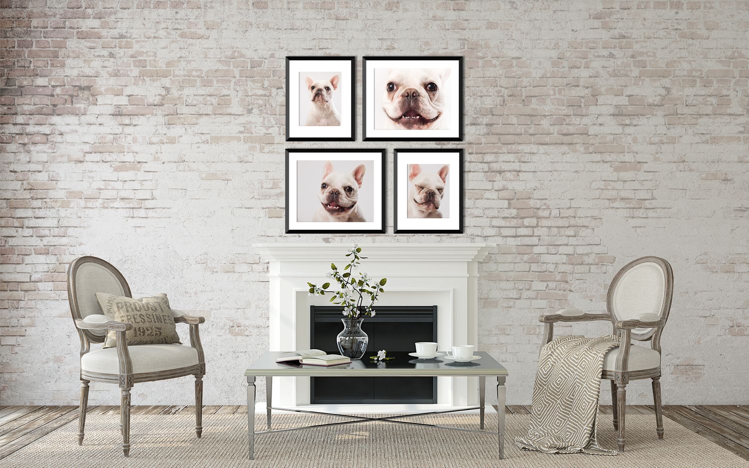 Chairs and art prints arranged against a white brick wall in a minimalist home interior setting.