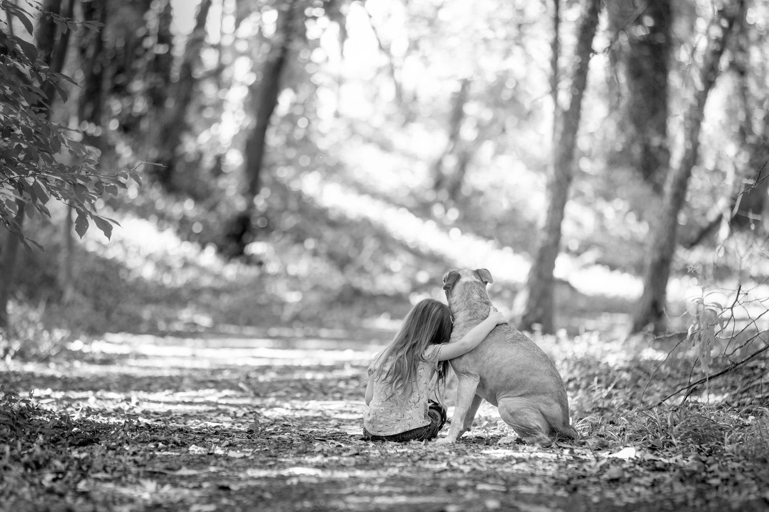 Black and white photo of a young girl sitting on a forest path, affectionately hugging a dog among trees.