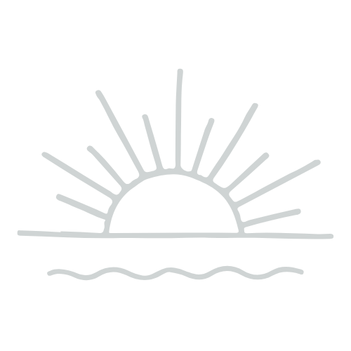 Simple line drawing of a sunset over ocean waves in dark teal color. Charleston, South Carolina. Salt and Oak Photography.