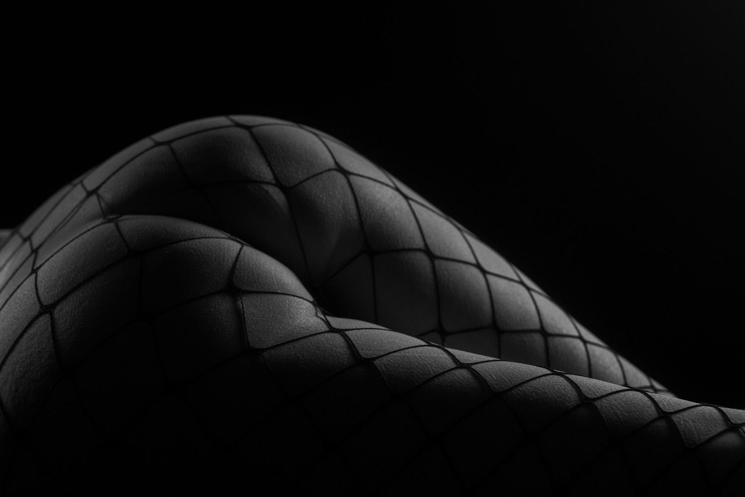 Black and white macro photograph showing a repeating pattern of interwoven leather or textile material in dark lighting.