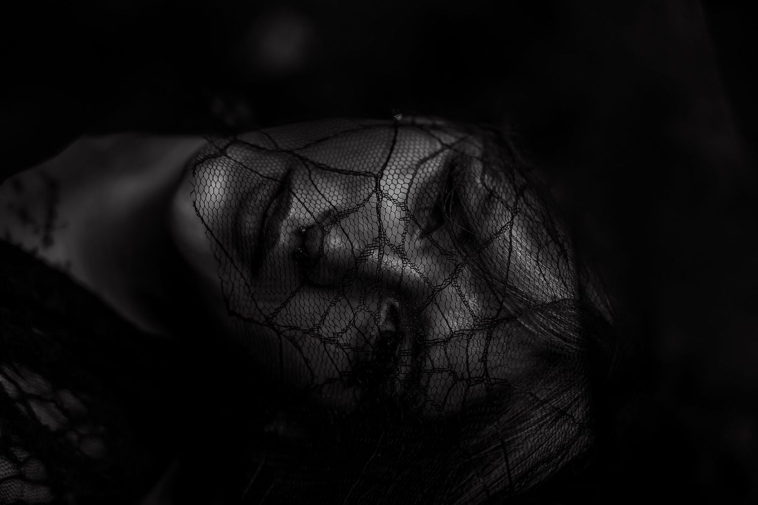 Black and white portrait of a woman with closed eyes, her face partially covered by a delicate lace veil.