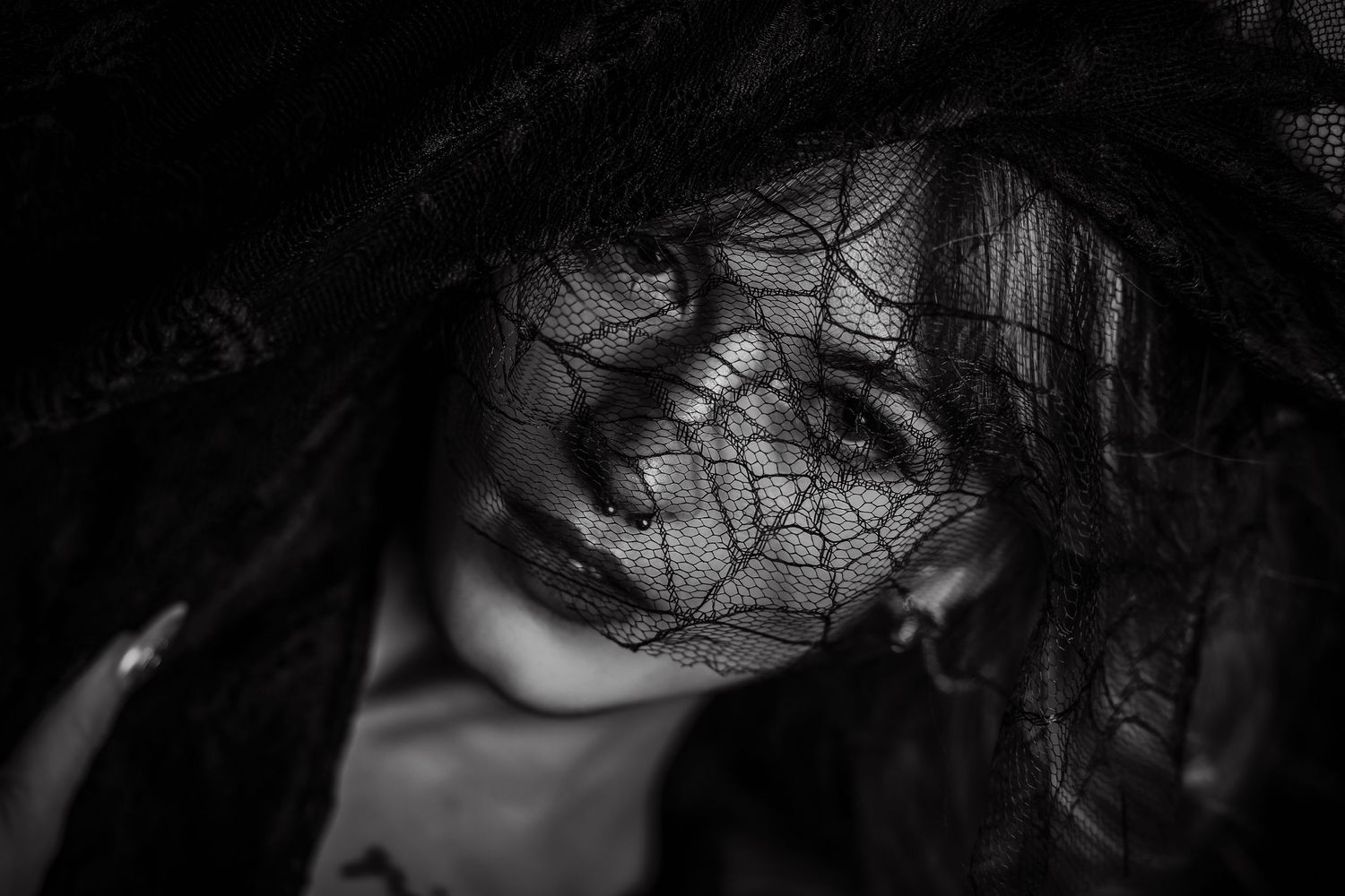 Black and white portrait of a woman wearing a lace veil and wide-brim hat, creating a mysterious, elegant look.
