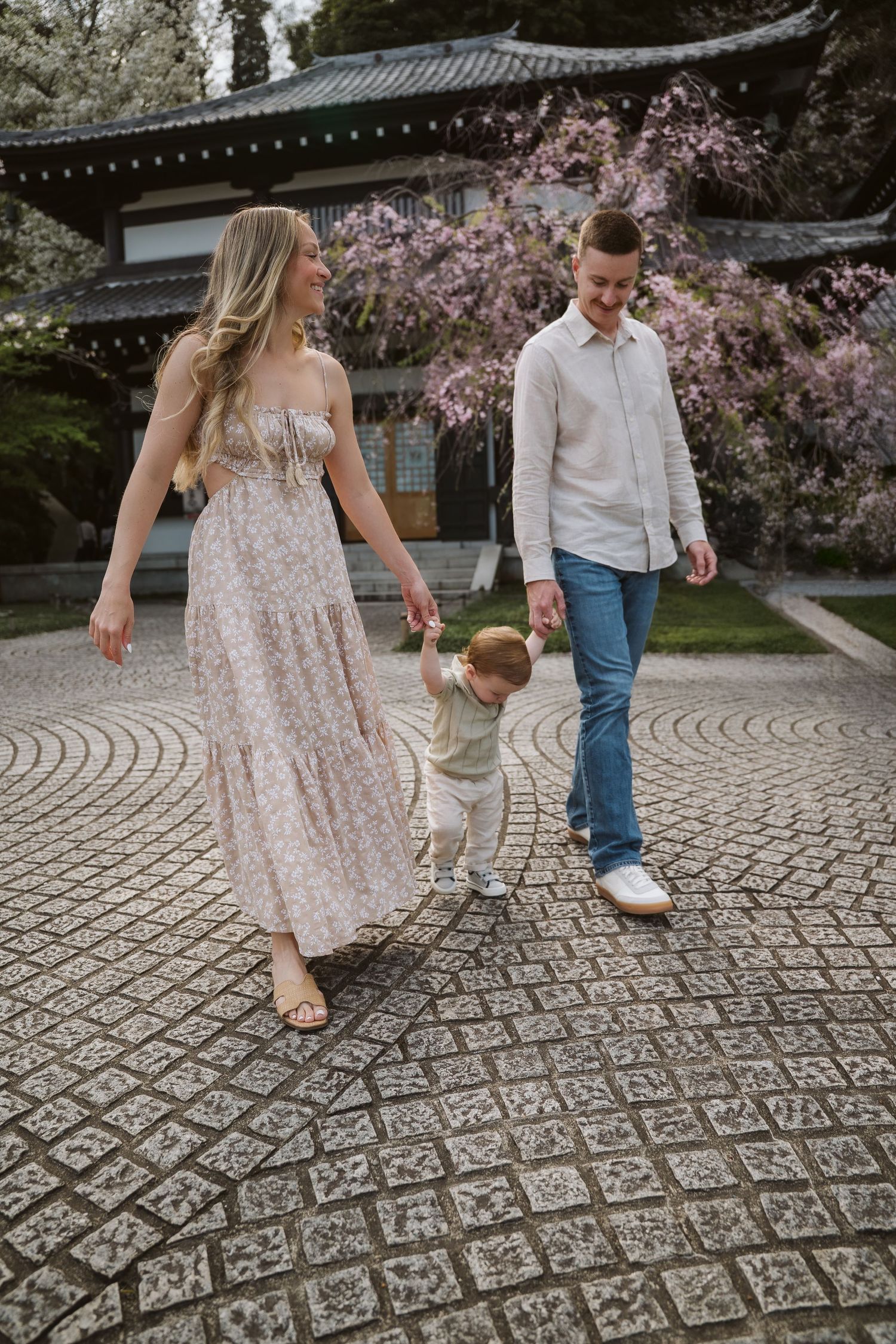 Family walking together on stone pathway with cherry blossoms and traditional Japanese temple architecture in background.