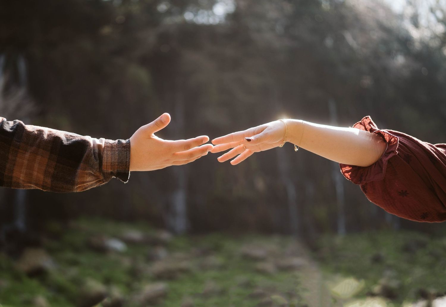 Hands reach across a blurred outdoor background in a connecting gesture.