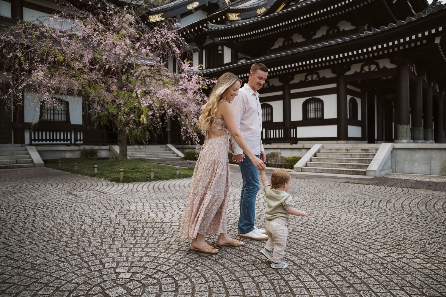 A couple and small child dance together on cobblestone grounds near a traditional Japanese temple with cherry blossoms.